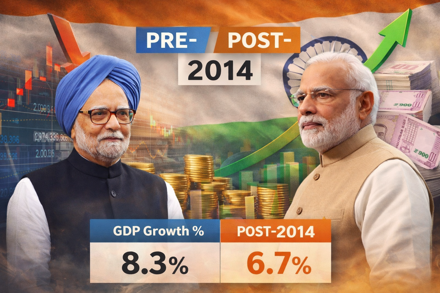 India economy before and after 2014 comparison showing GDP growth and economic indicator